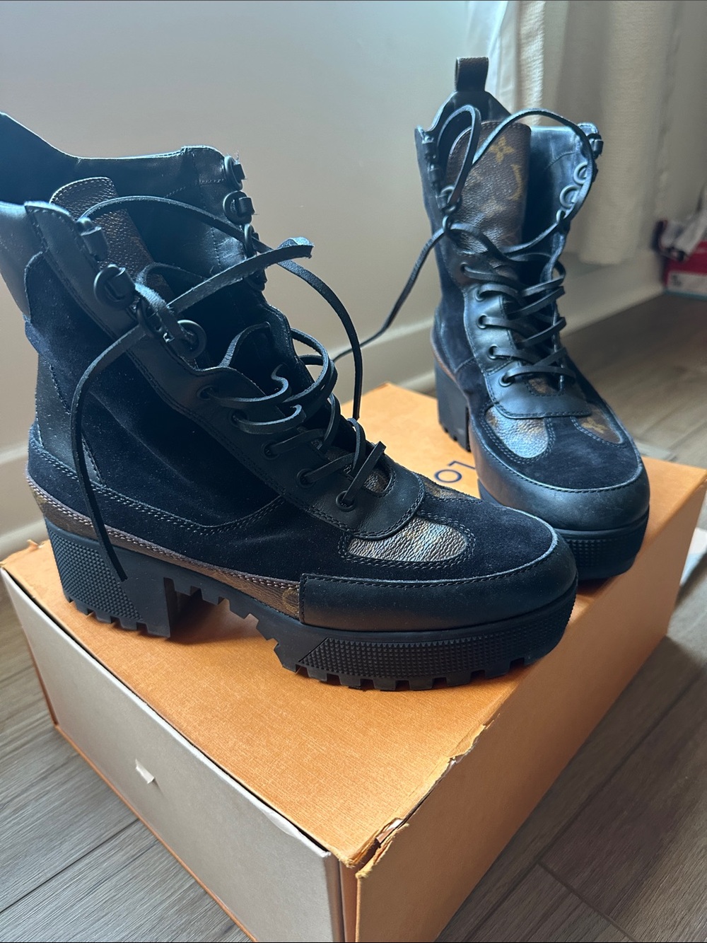 Louis Vuitton Monogram Suede Platform Combat Boots